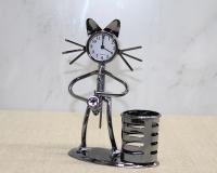 Metal Saksafon Çalan Kedi Müzisyen Saat Ve Kalemlik Alk4343