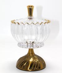 Metal Ayaklı Kristal Cam Şekerlik Gold Detaylı Sunumluk Alk4871