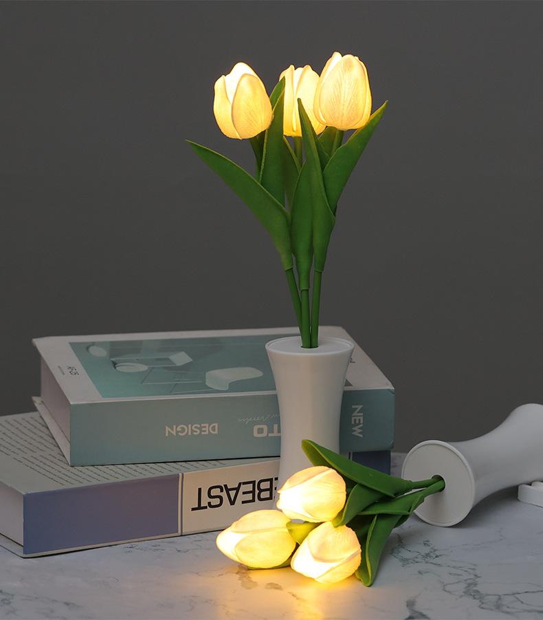 Beyaz Lale Tasarımlı Dekoratif Pilli LED Gece Lambası (30 cm)