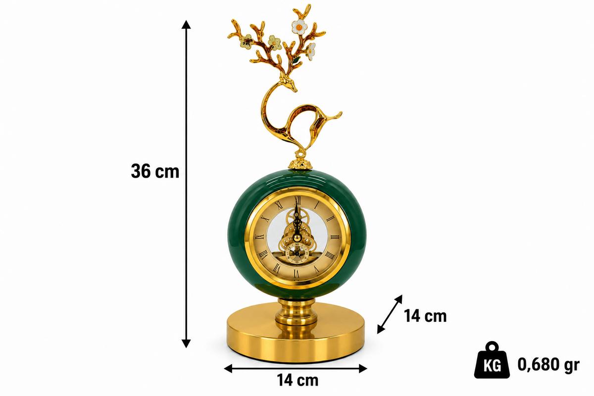 Dekoratif Gold ve Yeşil Geyik Figürlü Masa Saati