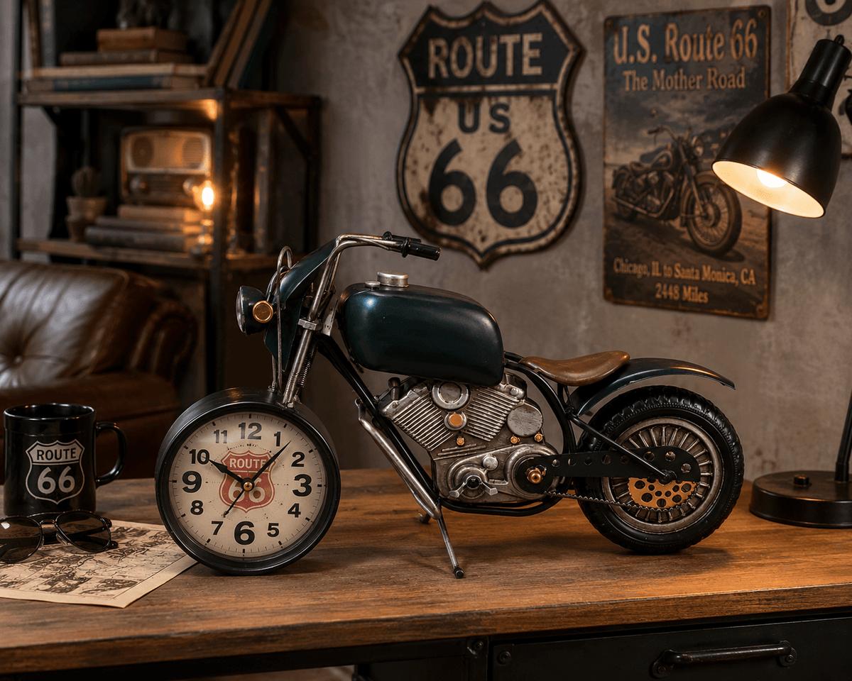 Dekoratif Route 66 Temalı Metal Saatli Motosiklet 44 cm