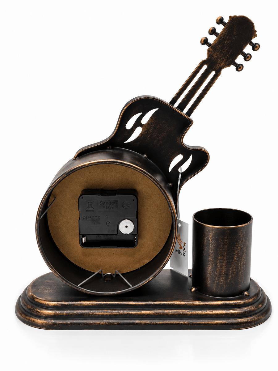 Eskitme Bronz Gitar Tasarımlı Kalemlikli Masa Saati