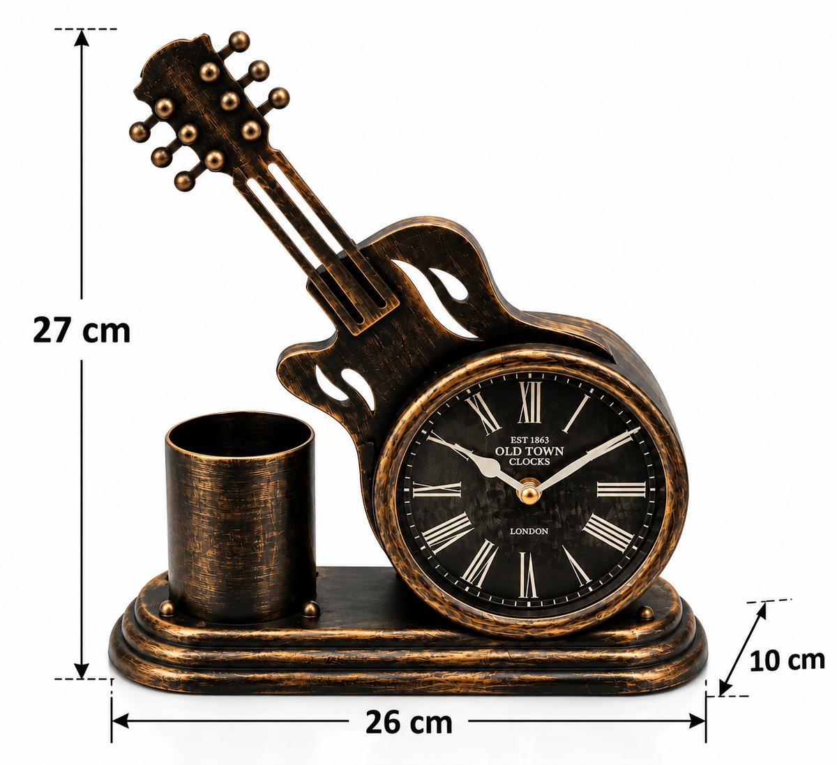 Eskitme Bronz Gitar Tasarımlı Kalemlikli Masa Saati