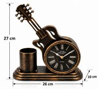 Eskitme Bronz Gitar Tasarımlı Kalemlikli Masa Saati