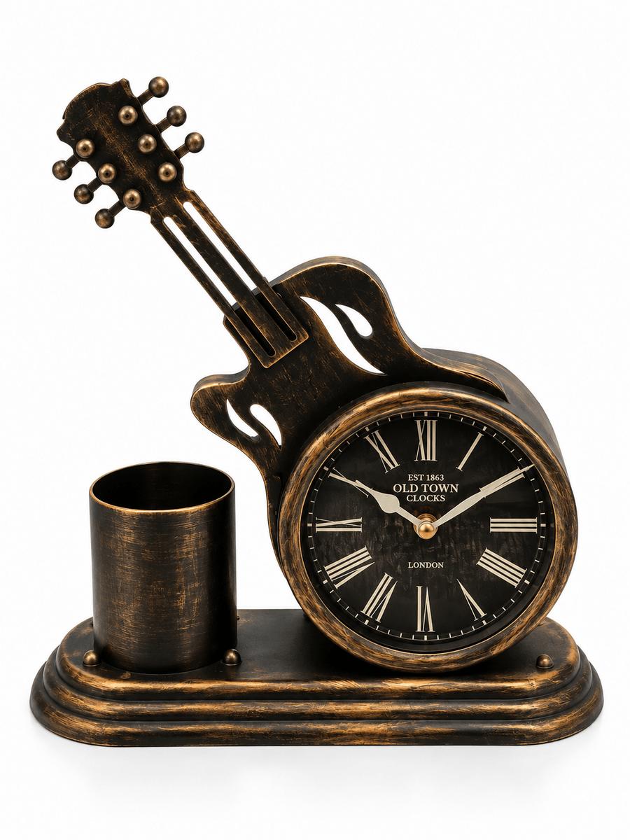 Eskitme Bronz Gitar Tasarımlı Kalemlikli Masa Saati