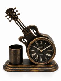 Eskitme Bronz Gitar Tasarımlı Kalemlikli Masa Saati
