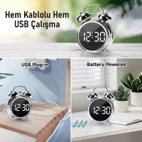 LED Ekranlı Metal Çanlı Dijital Masa Saati Gümüş | Alarmlı Çalar Saat