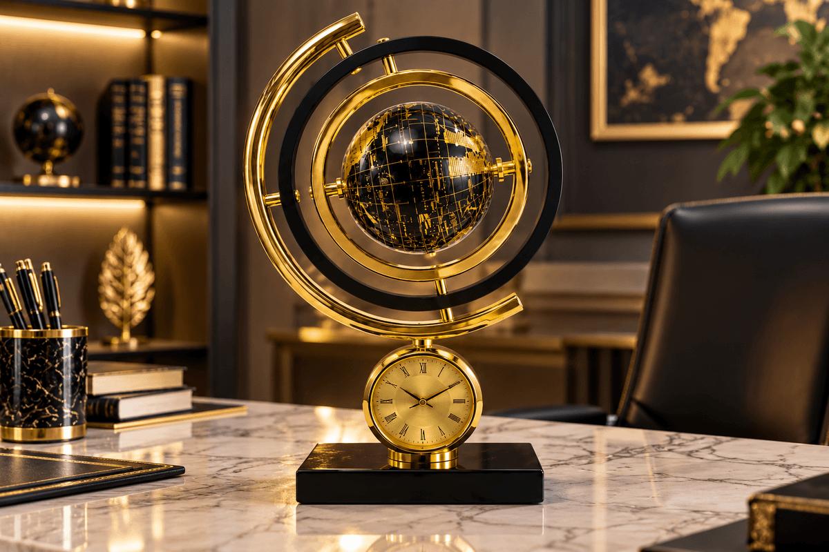 Lüks Model Dekoratif Gold Dünya Küreli Klasik Masa Saati
