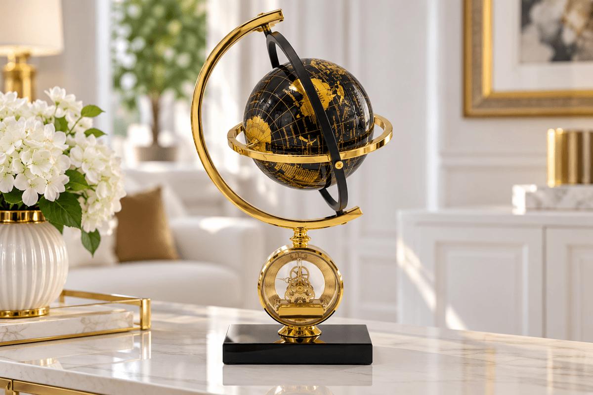 Lüks Model Dekoratif Gold Dünya Küresi ve Masa Saati