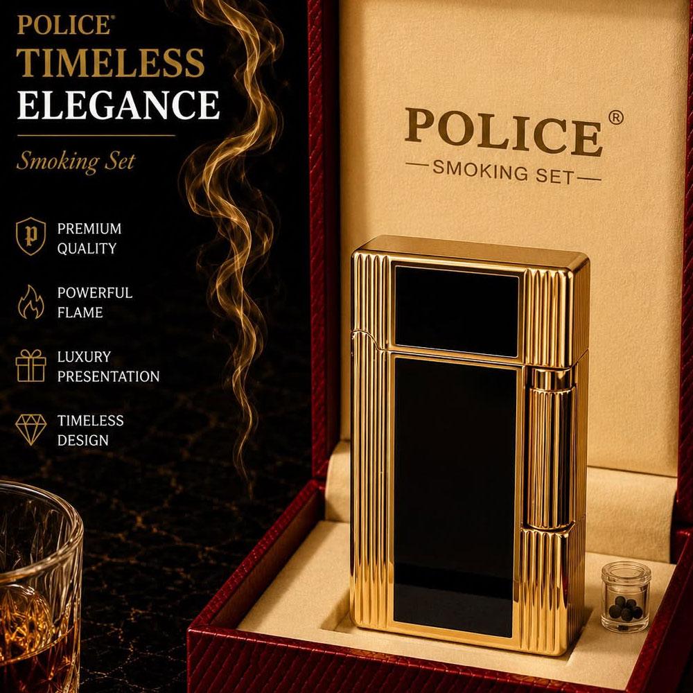 İsme Özel Police Dupont Mekanizmalı Özel Kutulu Lüks Gazlı Çakmak (Gold - Siyah Panelli)