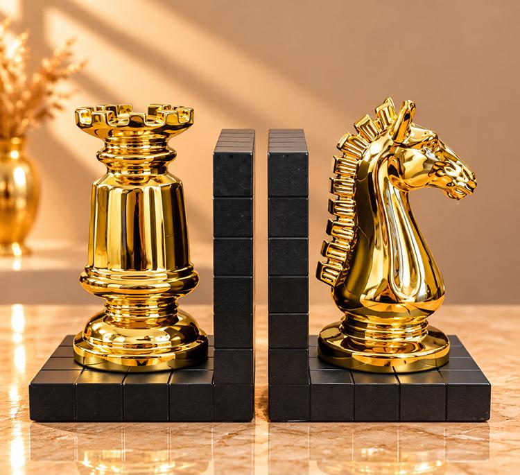 Polyester Gold Satranç Taşı Tasarımlı Dekoratif Kitap Tutucu Seti Alk6101