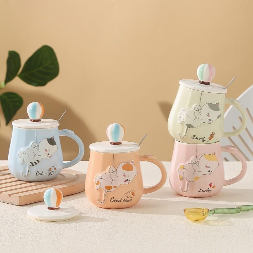 Balonlu Kedi Figürlü Kapaklı Kaşıklı Seramik Kupa 470ml