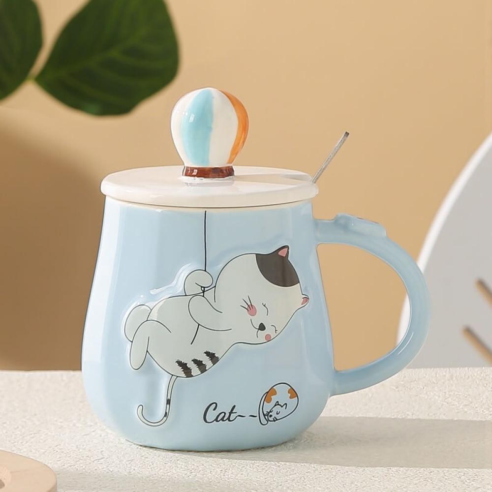 Balonlu Kedi Figürlü Kapaklı Kaşıklı Seramik Kupa 470ml