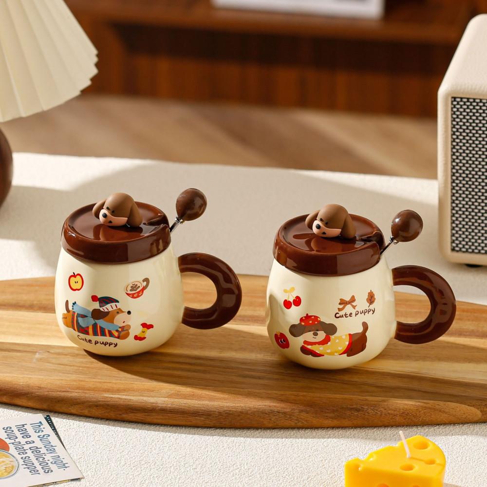Cute Puppy Köpek Figürlü Kapaklı Kaşıklı Seramik Kupa 340ml