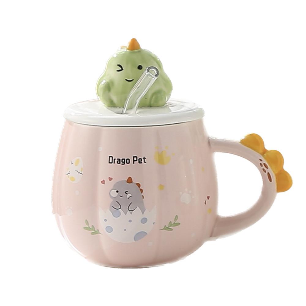 Dinozor Figürlü Kapaklı Kaşıklı Seramik Kupa 400ml