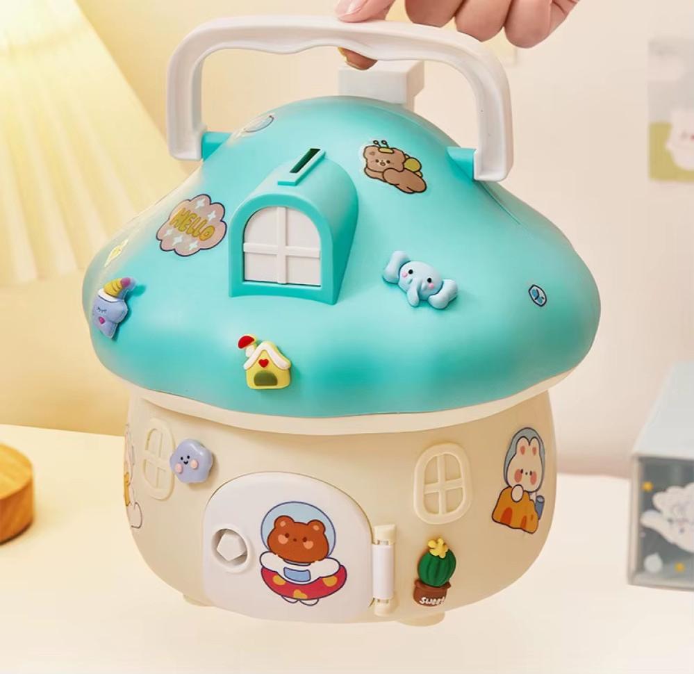 DIY Süslemeli Kilitli ve Kulplu Sevimli Mantar Ev Konseptli Kumbara