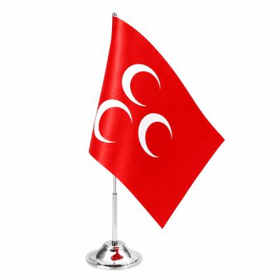 Kırmızı Üç Hilal Masa Bayrağı 15x22,5 cm | Çift Kat Saten Krom Direkli