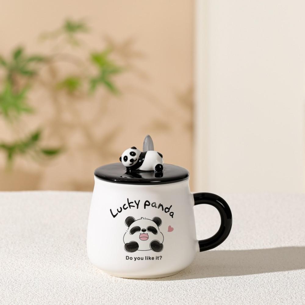 Lucky Panda Kapaklı Kaşıklı Seramik Kupa 420ml