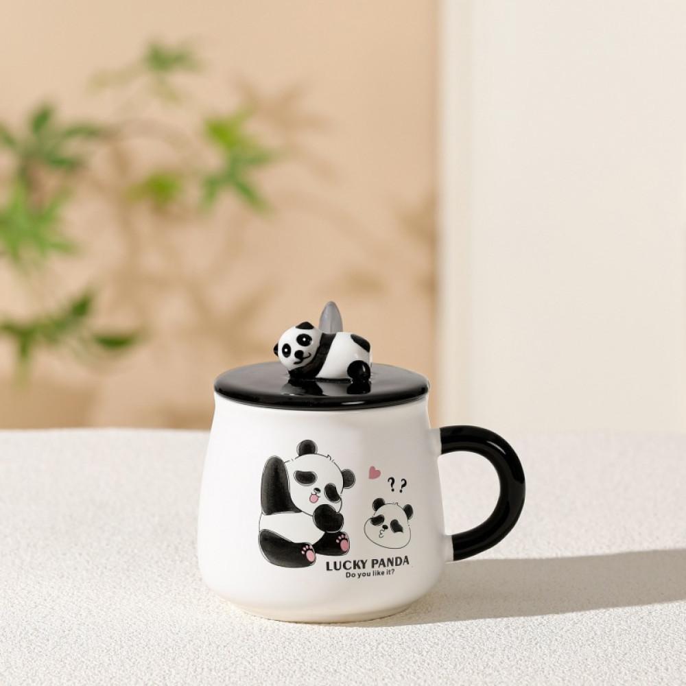 Lucky Panda Kapaklı Kaşıklı Seramik Kupa 420ml