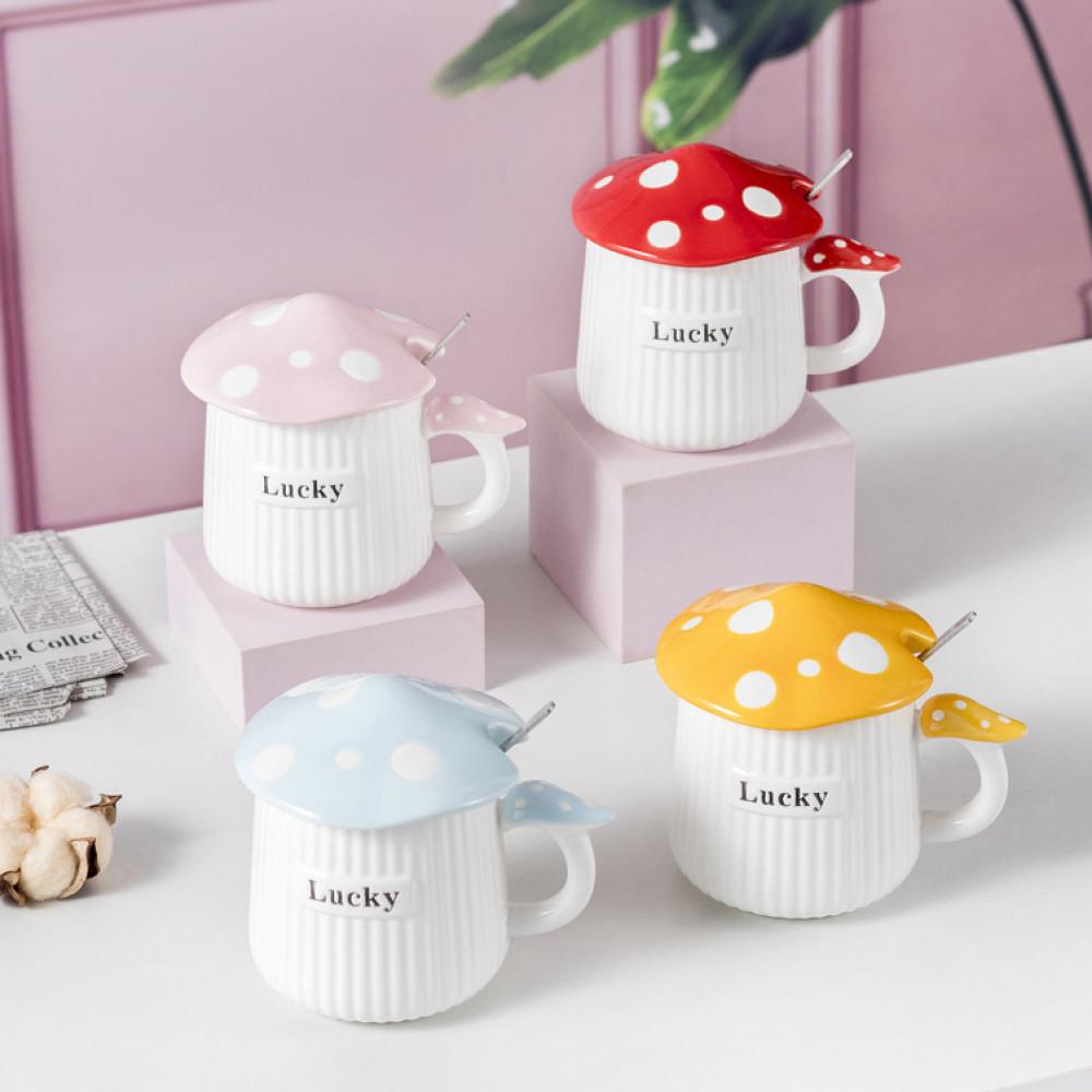 Mantar Şapka Kapaklı Lucky Seramik Kupa Bardak 400ml