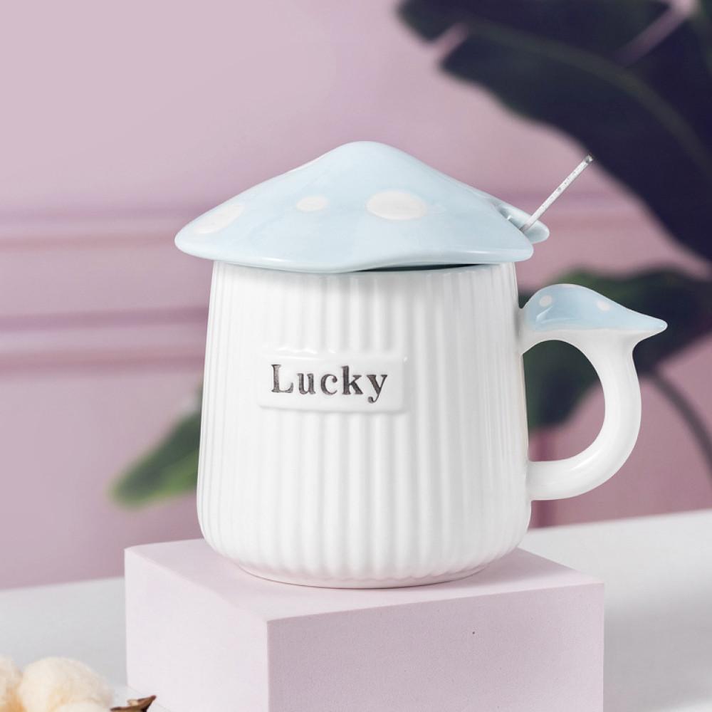 Mantar Şapka Kapaklı Lucky Seramik Kupa Bardak 400ml