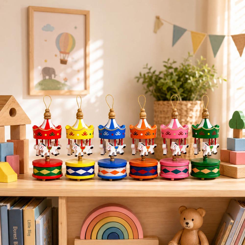 Nostaljik Ahşap Mini Atlıkarınca 6'lı Set Ağaç Süsü