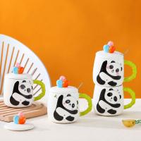 Panda Desenli Kapaklı Kaşıklı Seramik Kupa Bardak 480ml