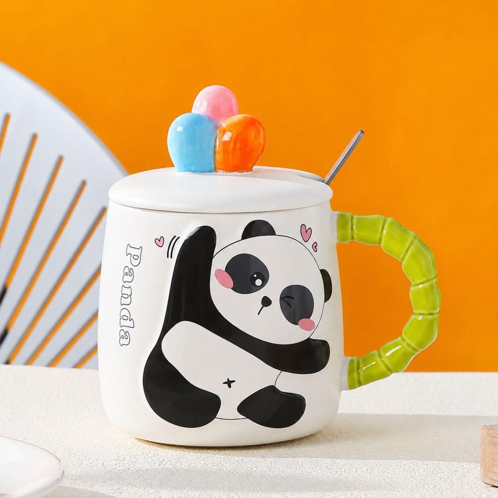 Panda Desenli Kapaklı Kaşıklı Seramik Kupa Bardak 480ml