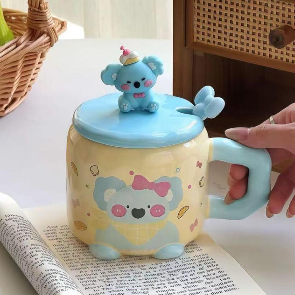 Sevimli Hayvan Figürlü Kapaklı Kaşıklı Seramik Kupa 430ml