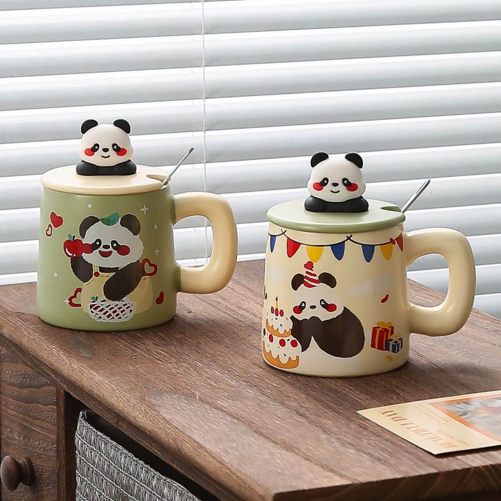 Sevimli Panda Figürlü Kapaklı Kaşıklı Seramik Kupa 400ml