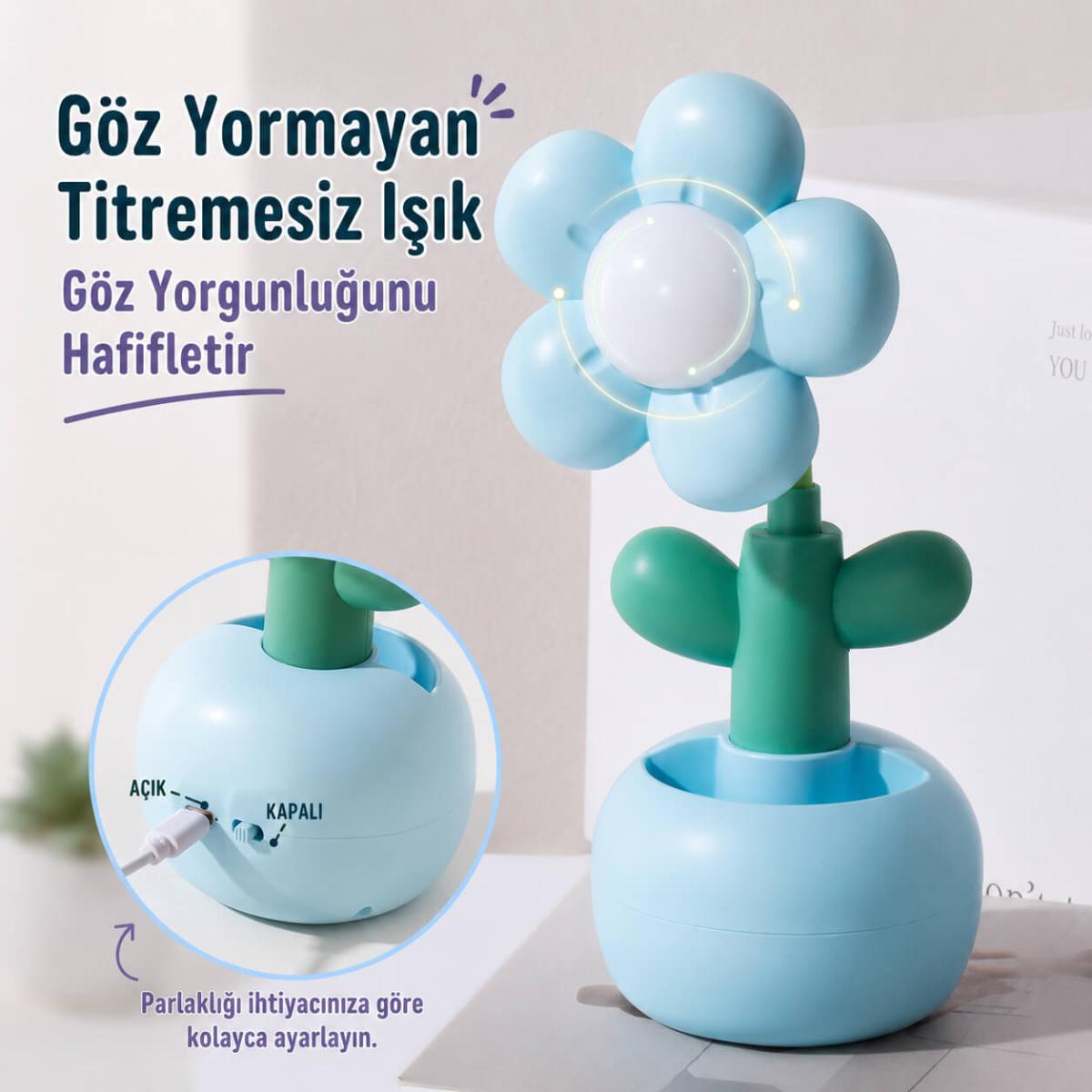 USB Şarjlı Çiçek Tasarımlı LED Masa Lambası - Kalemlikli Gece Lambası