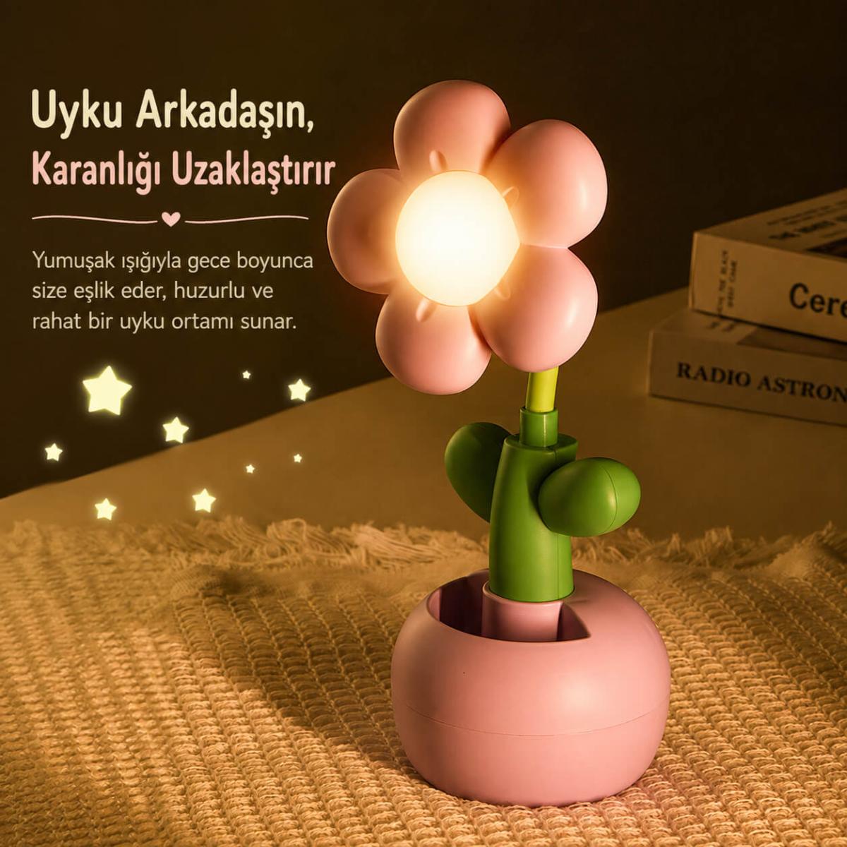 USB Şarjlı Çiçek Tasarımlı LED Masa Lambası - Kalemlikli Gece Lambası